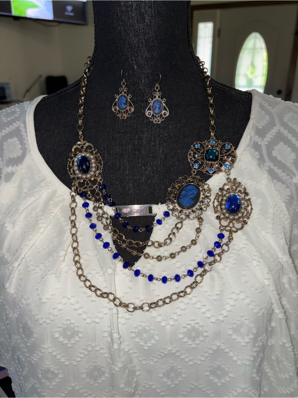 Antique-Style Blue Multi-Chain Statement Necklace with Matching Earrings 12 1/2